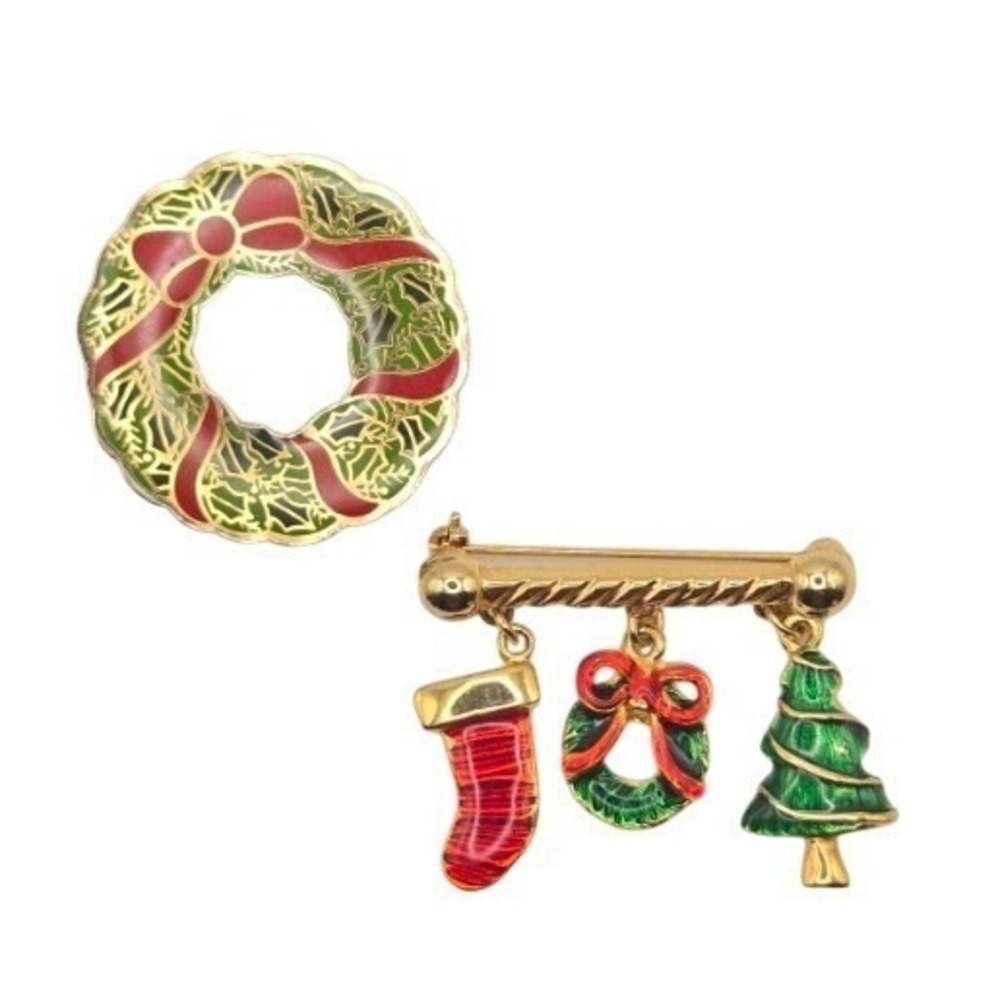 Christmas Holiday Pins/Brooches Wreath and‎ Bar with Wreath Stocking Tree Enamel